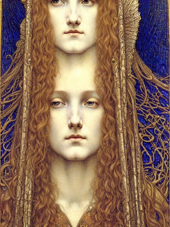 Image similar to detailed realistic beautiful young medieval queen face portrait by jean delville, gustave dore and marco mazzoni, art nouveau, symbolist, visionary, gothic, pre - raphaelite. horizontal symmetry