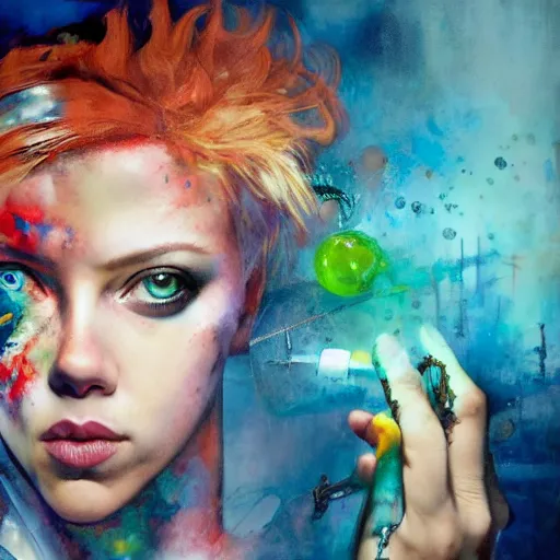 Image similar to drunken scarlett johansson as delirium from sandman, one green eye and one blue eye, ( hallucinating colorful soap bubbles ), by jeremy mann, by sandra chevrier, by dave mckean and richard avedon and maciej kuciara, 8 0's, punk rock, tank girl, high detailed, 8 k