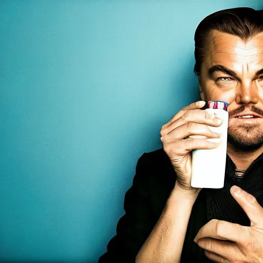 Image similar to detailed studio portrait of leoanrdo dicaprio holding tiny jar of tincture. watching at camera. studio light, polished look, solid background, ad, fashion photography, by pierpaolo ferrari and maurizio cattelan, 3 5 mm photograph, david lachapelle, canon eos c 3 0 0, 8 k