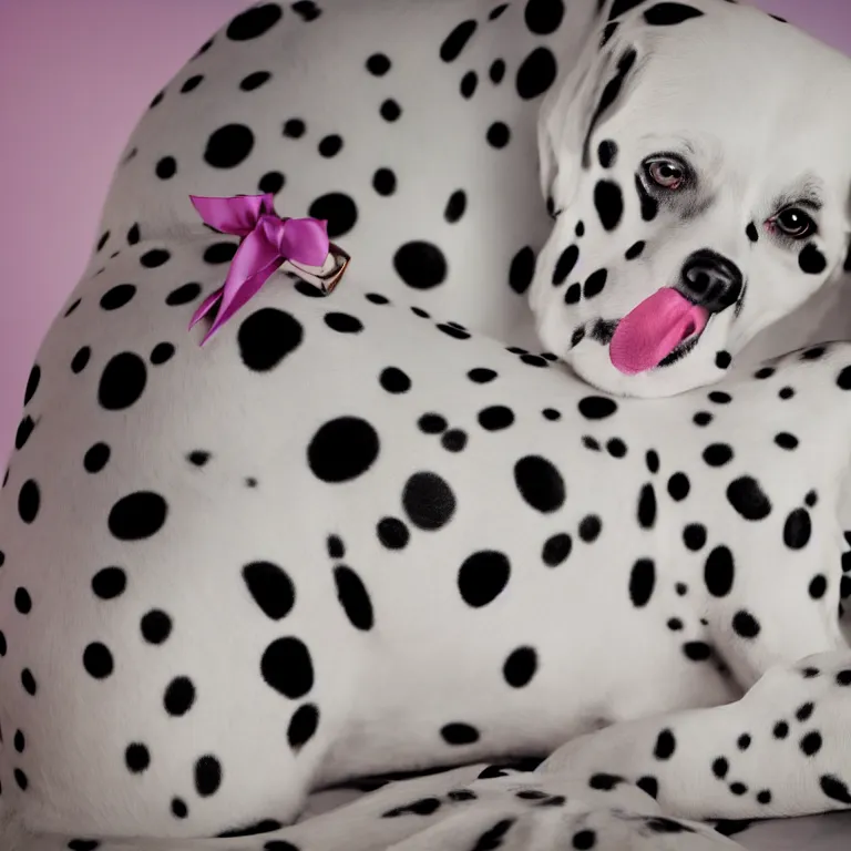 Image similar to vogue photoshoot octane render portrait of 1 0 1 dalmatian with white background, focus bright colorful pastel exotic vintage boutique hotel lounge, very short depth of field, bokeh