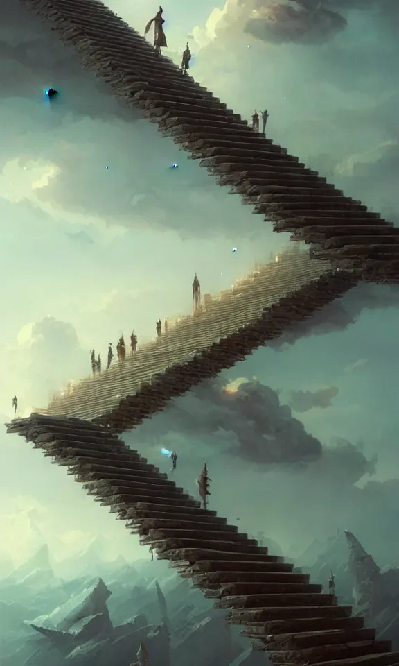 Prompt: endless stairs made of books leading to heaven, sky full of clouds, art by greg rutkowski and peter mohrbacher, featured in artstation, octane render, cinematic, elegant, intricate, ultra detailed, rule of thirds, professional lighting, unreal engine, fantasy, concept art, sharp focus, illustration, 8 k