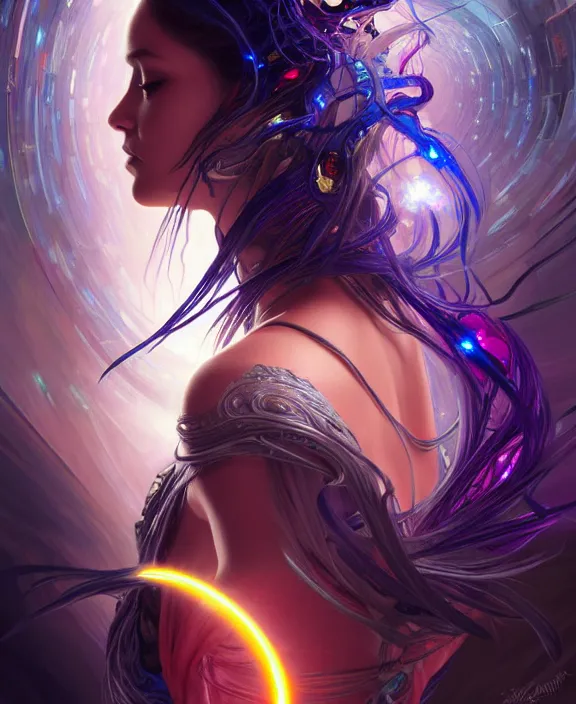 Image similar to a whirlwind of souls rushing inside the metaverse, half body, glowin eyes, tiara with sapphire, pharaoh, android, cyberpunk, d & d, fantasy, intricate, elegant, highly detailed, colorful, vivid color, digital painting, artstation, concept art, art by artgerm and greg rutkowski and alphonse mucha and ruan jia