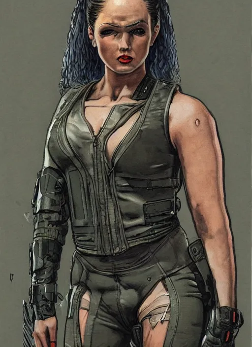 Prompt: menacing cyberpunk weight lifter in military vest and jumpsuit. dystopian. portrait by stonehouse and mœbius and will eisner and gil elvgren and pixar. realistic proportions. cyberpunk 2 0 7 7, apex, blade runner 2 0 4 9 concept art. cel shading. attractive face. thick lines.