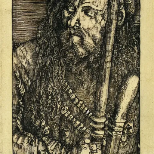 Prompt: albrecht durer woodcut portrait of a tattooed warrior celt man on a field