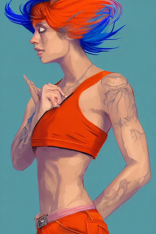 Image similar to a award winning half body portrait of a beautiful caucasian woman in a croptop and cargo pants with ombre orange blue teal hairstyle with head in motion and hair flying by will eisner, outrun, vaporware, digital art, trending on artstation, highly detailed, fine detail, intricate