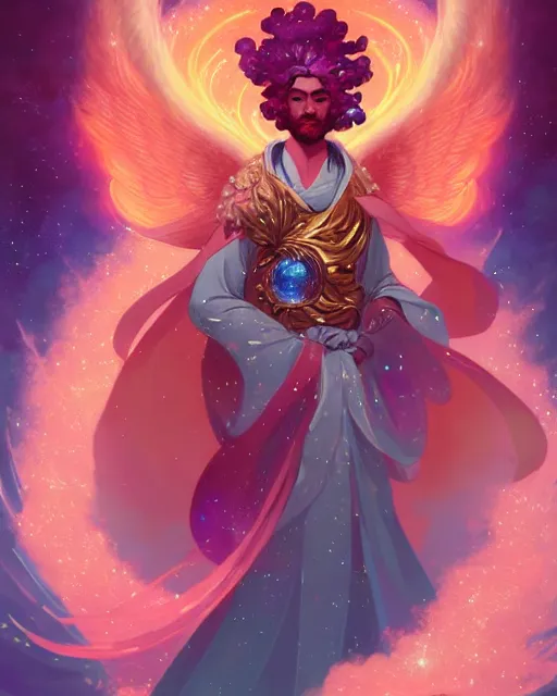 Image similar to a character portrait of only one male angel with golden fiery wings, surrounded with spiriling sparkling rose crystals and galaxies, by peter mohrbacher, hyper light drifter, ukiyo - e trending on artstation