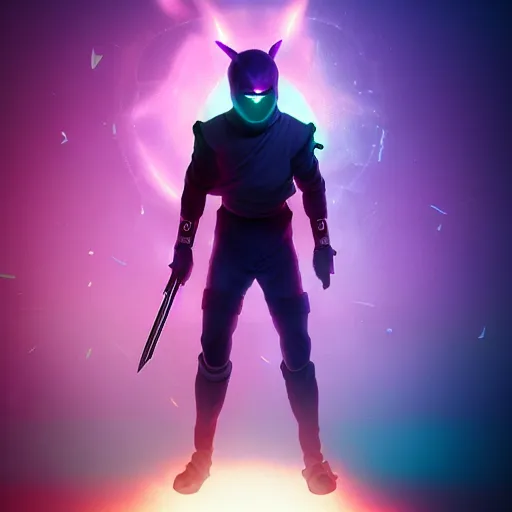 Image similar to ninja surrounded by purple aura, glowing red eyes, full body shot, menacing, stylized, octane render, artstation, digital art, digital painting, devian art