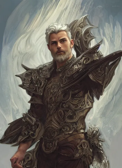 Image similar to Male Aasimar Paladin with shaggy silver hair, brown scruffy beard, energy wings, epic, striking, fantasy, intricate, elegant, highly detailed, digital painting, artstation, concept art, smooth, sharp focus, illustration, art by Krenz Cushart and Artem Demura and alphonse mucha