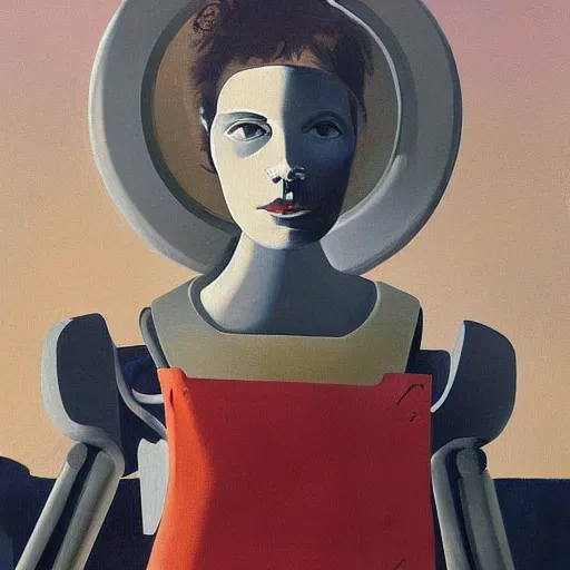 Image similar to female robot girl painting by neo rauch, highly detailed