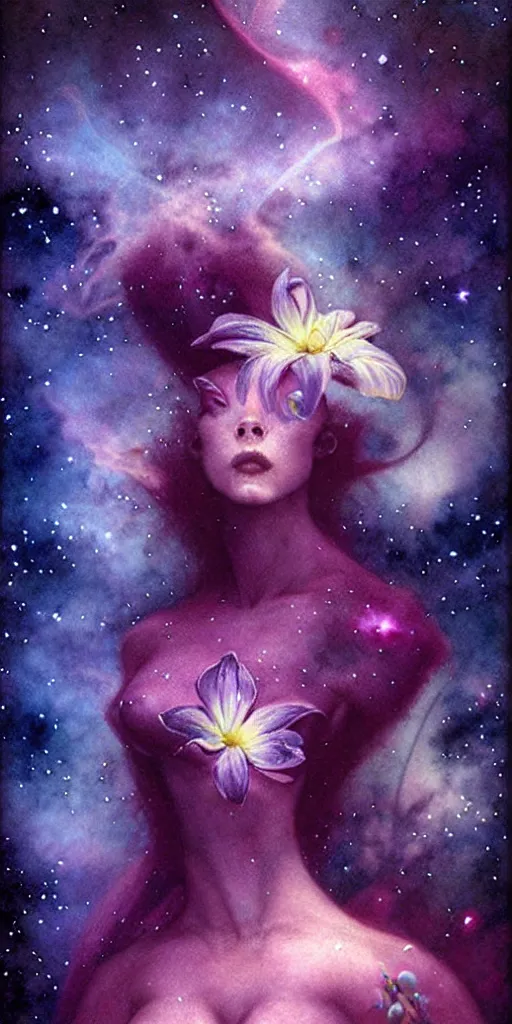 Image similar to tropical flowers, night sky background, nebula, beautiful! coherent! by brom, by brian froud, deep color, strong line, high contrast