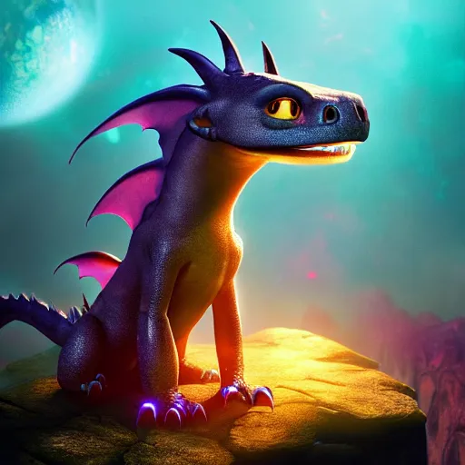 Prompt: realistic bioluminescent dragon on a dream biome in the style of how to train your dragon, detailed, studio shot, unreal engine 5, octane, high definition, smooth, artstation, behance