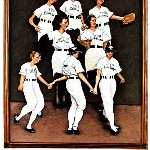 Image similar to 1946 baseball game, small town America, women in suits, women players, drawn by Norman Rockwell