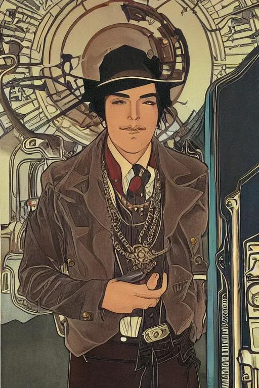 Prompt: a dramatic ethereal epic symmetrical painting of a handsome villainous cowboy standing in front of railroad tracks with a train locomotive | his shirt is unbuttoned and he has a pocketwatch | tarot card, art deco, art nouveau, ( steampunk ), homoerotic, realistic | by sadao hasegawa and ( ( ( ( alphonse mucha ) ) ) | trending on artstation