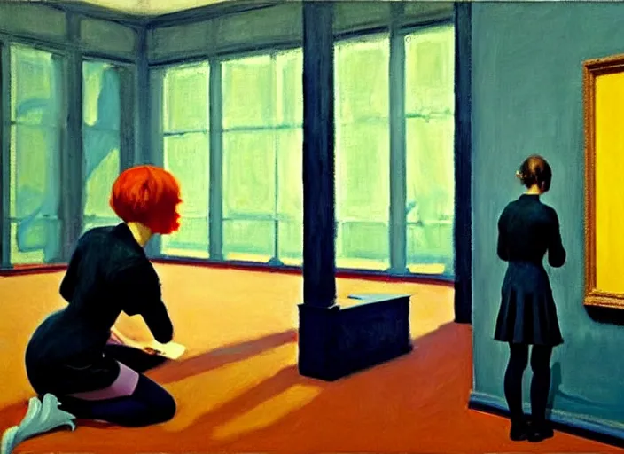 Image similar to oil painting of an annasophia robb in a learning uniform wearing stockings, teaching a lesson in a void room full of existential horror painted by Bryan Lee O'Malley and Edward Hopper, John Singer Sargant, inspired by paintings of Francis Bacon and melting color palette of Mark Rothko, Cy Twombly gestural strokes