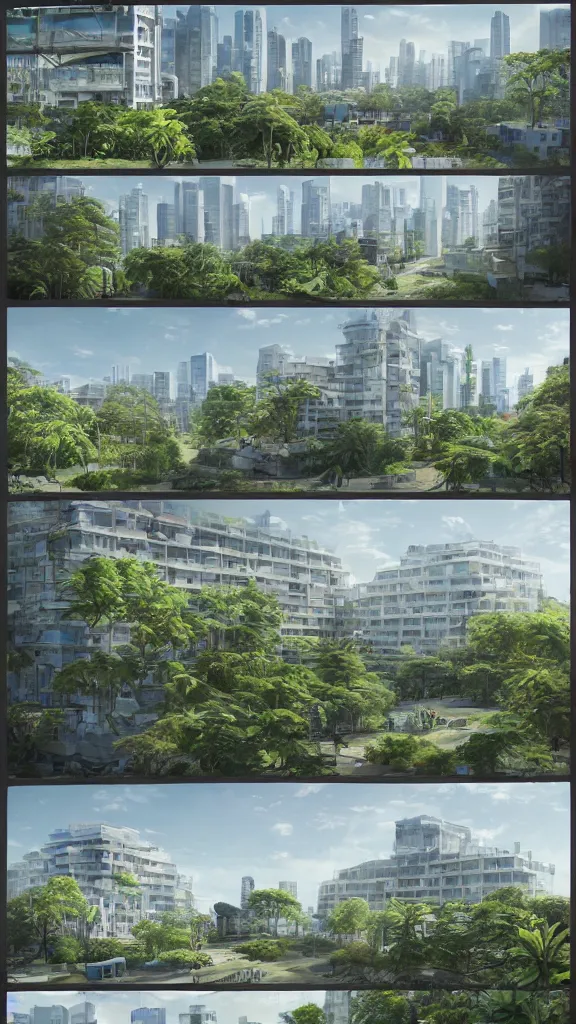 Image similar to 5 - panel comic page layout. 2 characters talking about sustainable futuristic building in a urban setting. ultrarealistic matte painting on white page. the building has many deep and tall balconies covered in plants and trees. thin random columns, large windows, deep overhangs. plants hang from balconies. greeble articulated details with plants. 8 k, uhd.