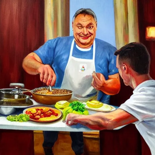 Prompt: viktor orban cooks in a tv show, oil painting