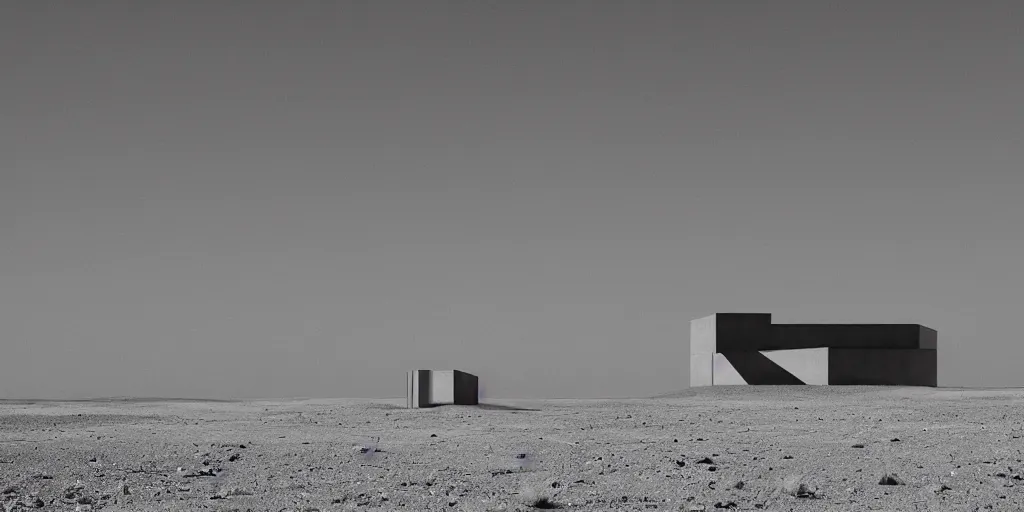 Prompt: imposing geometric concrete buildings in a barren desert wasteland
