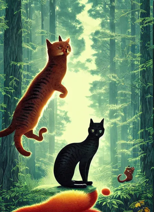 Image similar to a hyper realistic ink cat and the meaning of life and sunbeams blue sky, lush forest poster art by chiara bautista and kim jung giu and norman rockwell and greg rutkowski weta studio, and lucasfilm