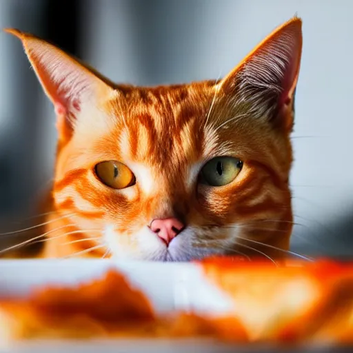 Image similar to orange tabby cat eating lasagna, photo, detailed, 4k