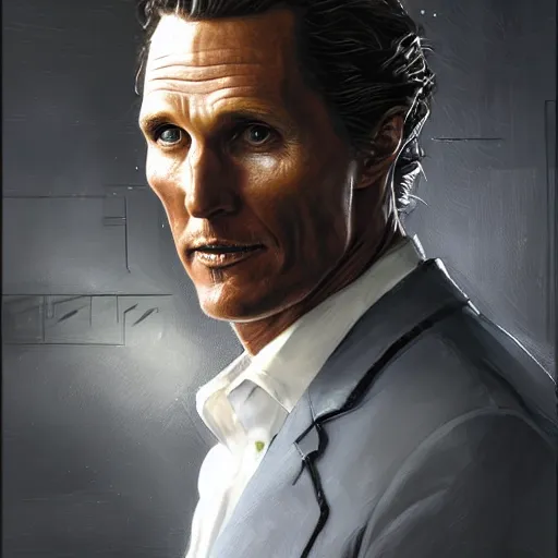 Prompt: portrait of a man by greg rutkowski, matthew mcconaughey as a ceo of weyland - yutani aliens franchise, he is about 5 0 years old, wearing futuristic office suit, highly detailed portrait, digital painting, artstation, concept art, smooth, sharp foccus ilustration, artstation hq