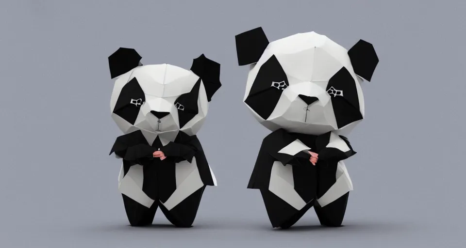 Image similar to realistic full body seen of one big cute chibi panda made of origami, intricate details, origami studio 3 design, toon boom render