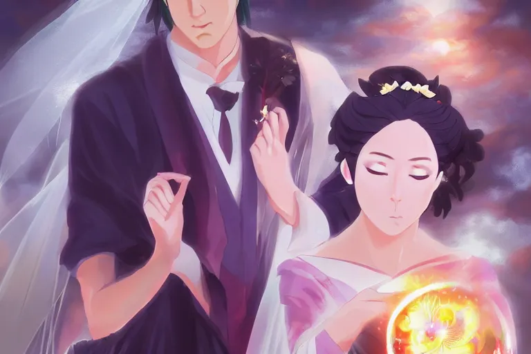 Image similar to a cinematic portrait of wedding photograph jpeg close up moment of a divine a japan sun god and moon goddess lovers magician at a wedding banquet. portraiture. digital painting. artstation. concept art. wedding photo. digital painting. naruto the movie art masterpiece by art by krenz cushart