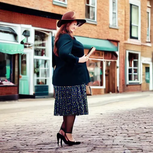 Image similar to a giant beautiful chubby well - dressed woman walking around a small town, photo, realistic