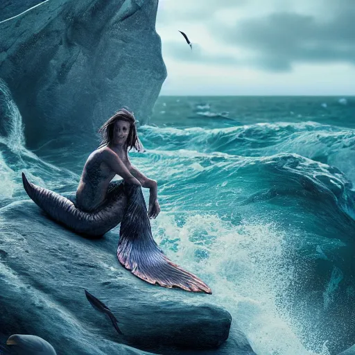 Image similar to Tom Hiddlestone as a beautiful mermaid sitting on a rock in the middle of a stormy ocean, watching the seagulls flying above him, hyperrealistic, hyperdetailed, depth of field, High definition, 8k, octane render, artstation