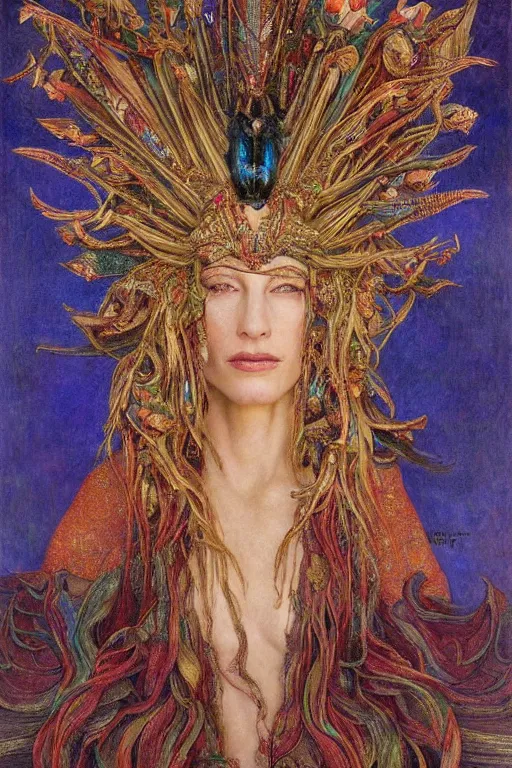Prompt: cate blanchett full bdy , by jean delville and Gaston Bussière and Tino Rodriguez and Diego Rivera , elaborate headdress and embroidered velvet, iridescent beetles, rich color, dramatic cinematic lighting, extremely detailed