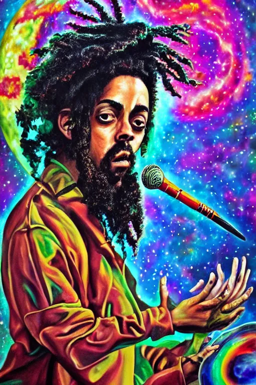 Image similar to a high hyper detailed painting with many complex textures of damian marley making music in the cosmos, cosmic surreal psychedelic magic realism spiritual ufo art