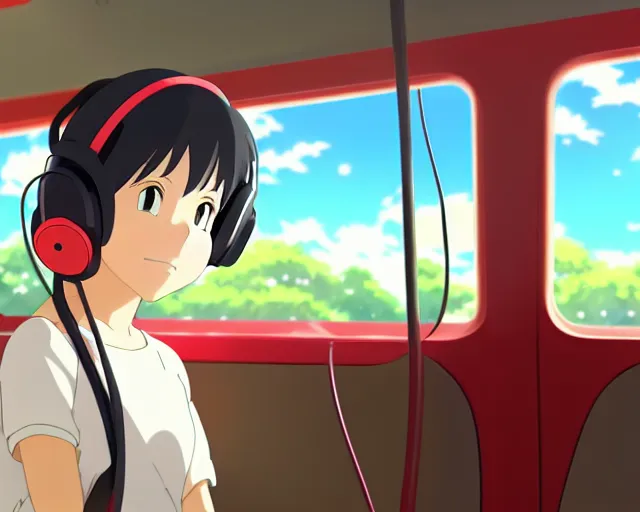 Image similar to anime fine details portrait of joyful girl in headphones in school bus, bokeh. anime masterpiece by Studio Ghibli. 8k render, sharp high quality anime illustration in style of Ghibli, artstation