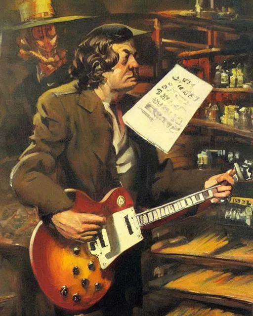 Image similar to Snake Oil salesman shredding on a Gibson Les Paul in a snake oil warehouse, painting by Frank Frazetta