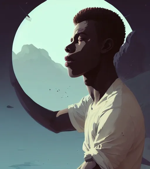 Image similar to portrait of a young man, raised on the island, dark skin, white hair, face tatooes by atey ghailan, by greg rutkowski, by greg tocchini, by james gilleard, by joe fenton, by kaethe butcher, dynamic lighting, gradient light blue, brown, blonde cream and white color scheme, grunge aesthetic