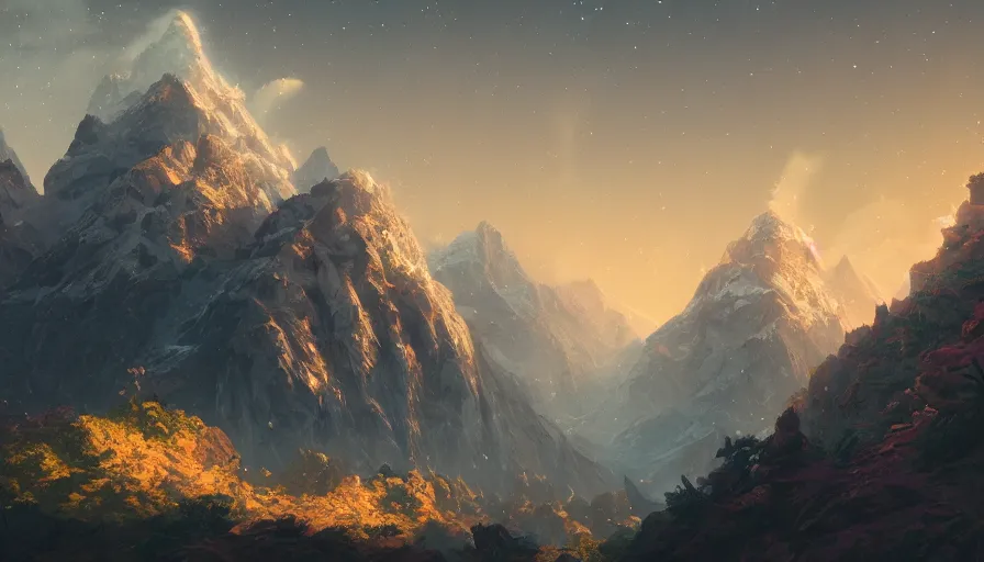 Image similar to beautiful flowery mountains, glow light at night, stars in the sky, villages with fireplaces, hyperdetailed, artstation, cgsociety, 8 k