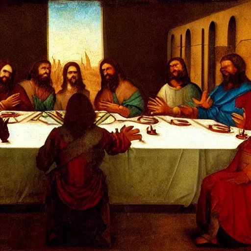 Prompt: mandalorian as jesus at the last supper, by leonardo davinci, concept art, oil painting, art station