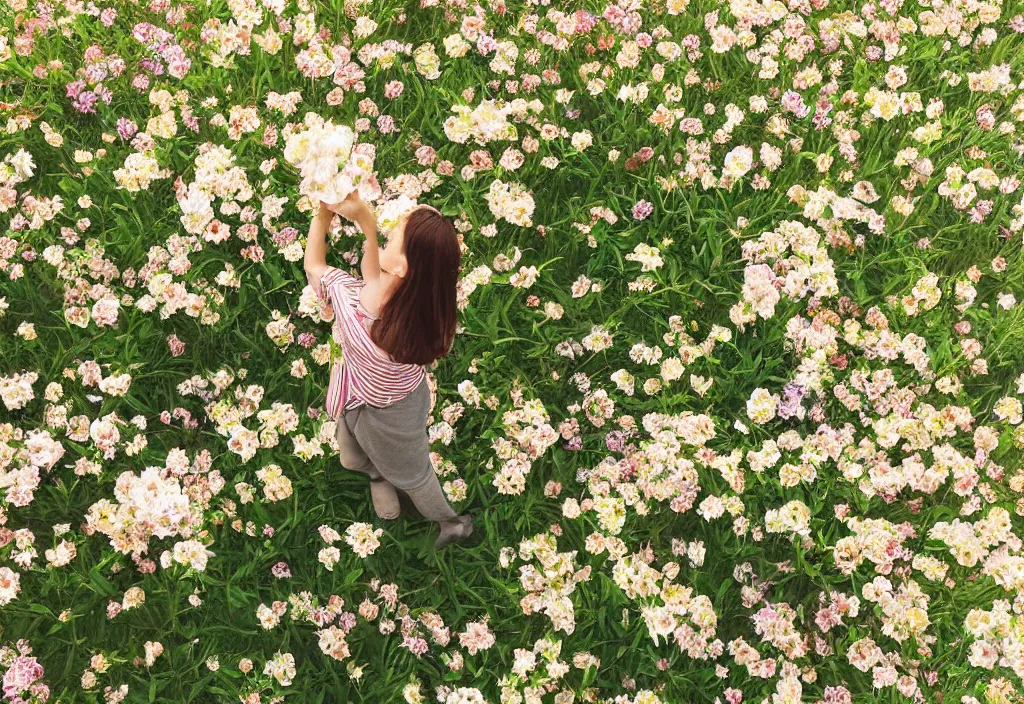 Prompt: high angle view photograph girl picking up flowers in a garden, near county house, country style. neutral colors, beige colors, sunlight, golden hour, Bleach pastel colors, soft lights, polaroid, vintage, High-key lighting In style of simplified realism lisa yuskavage, Steve Hanks