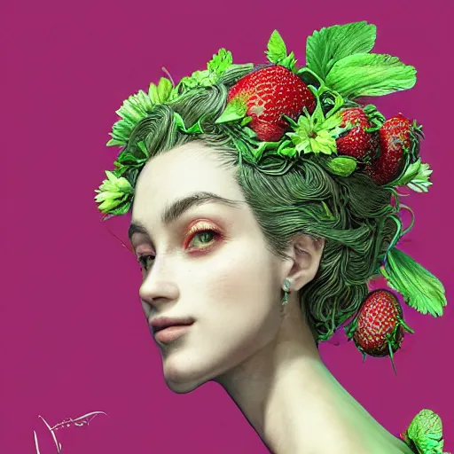 Prompt: the portrait of an absurdly beautiful, graceful, elegant, sophisticated perky woman made of strawberries and green petals, an ultrafine hyperdetailed illustration by kim jung gi, irakli nadar, intricate linework, bright colors, octopath traveler, final fantasy, unreal engine 5 highly rendered, global illumination, radiant light, detailed and intricate environment