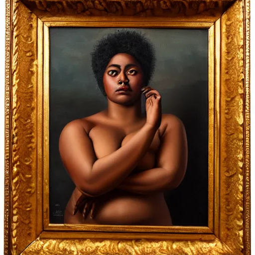 Image similar to A portrait of a strong and thick attractive non-binary person, dark tone skin, Mexican, oil painting, majestic, detailed, high resolution