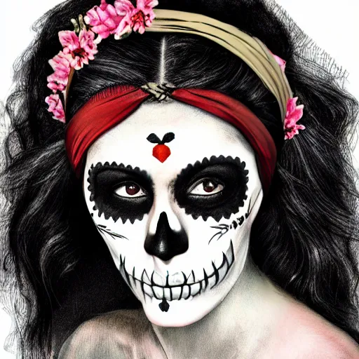 Prompt: a photorealistic portrait of a woman with a skull face paint and headband of flowers