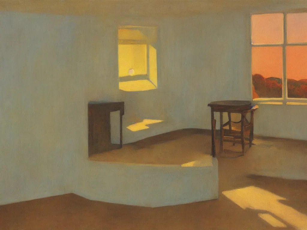 Image similar to the collector of corals in an interior. autumn sunset. painting by hopper