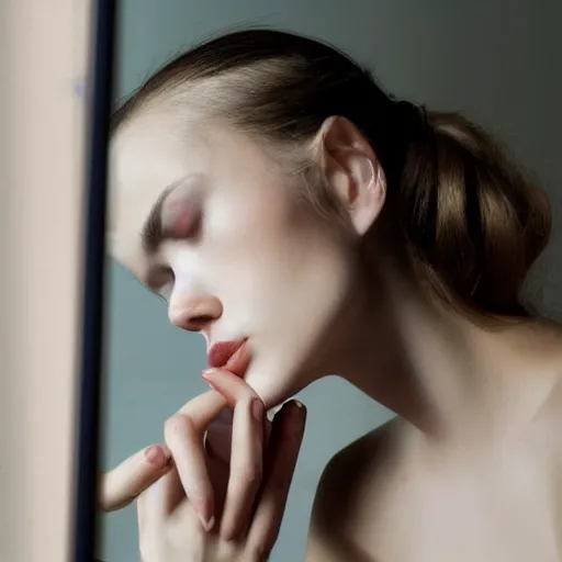 Image similar to masterpiece portrait of a beautiful woman looking at her reflection in front of a cracked mirror, beautiful face, fashion photography, elegant furniture, cracked reflection, mirror, cracks