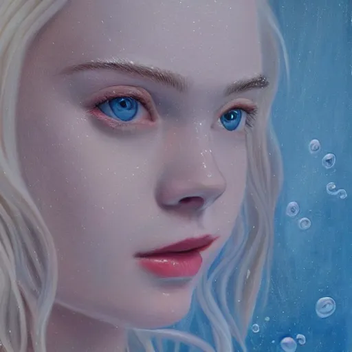Prompt: Painting of Elle Fanning underwater, long blonde hair, delicate, pale milky white porcelain skin, by Oda Sonderland. 8K. Extremely detailed.
