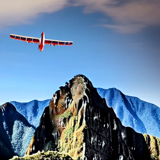 Image similar to an ancient Aztec strategic bomber flies low over Maccu Picchu, realistic digital photo, South American mountains, aircraft made of stone