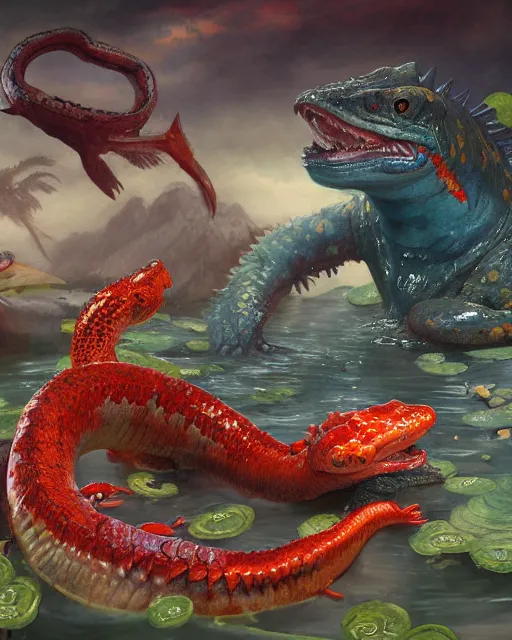 Prompt: game character beautiful giant kaiju sized pond serpent half fish half salamander, wet amphibious skin, red salamander, axolotl creature, koi pond, korean village by Ruan Jia and Gil Elvgren, fullbody