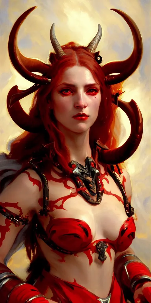 Image similar to painted close - up portrait of a attractive red - skinned intimidating demon cyborg girl with ram horns! oil painting, wearing a noblewoman's outfit, fantasy art by john singer sargent and gaston bussiere and james jean and greg rutkowski, demon noble character design, hd