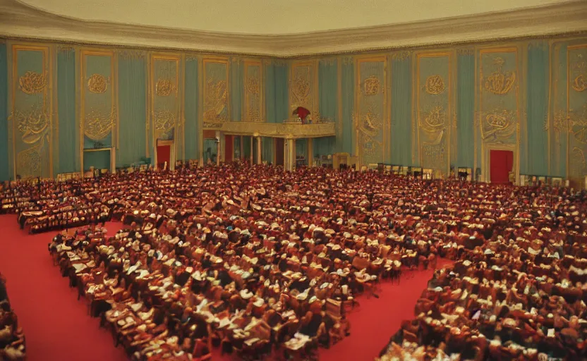 Image similar to 60s movie still of a CCCP congress in a stanilist style palace interior, by Irving Penn , cinestill 800t 35mm eastmancolor, heavy grainy picture, very detailed, high quality, 4k, HD criterion, precise texture