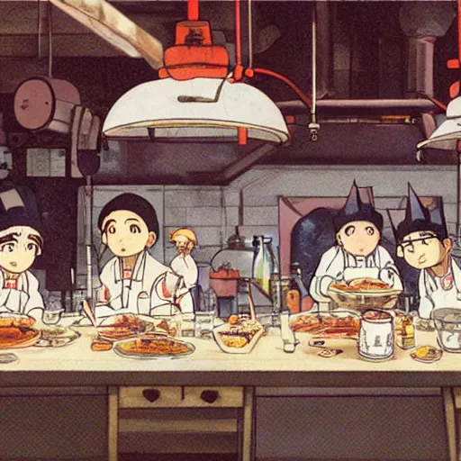 Image similar to A dimly lit laboratory with pigs cooking wearing cook aprons and kings crowns, art by Hayao Miyazaki, art by Studio Ghibli, anime style