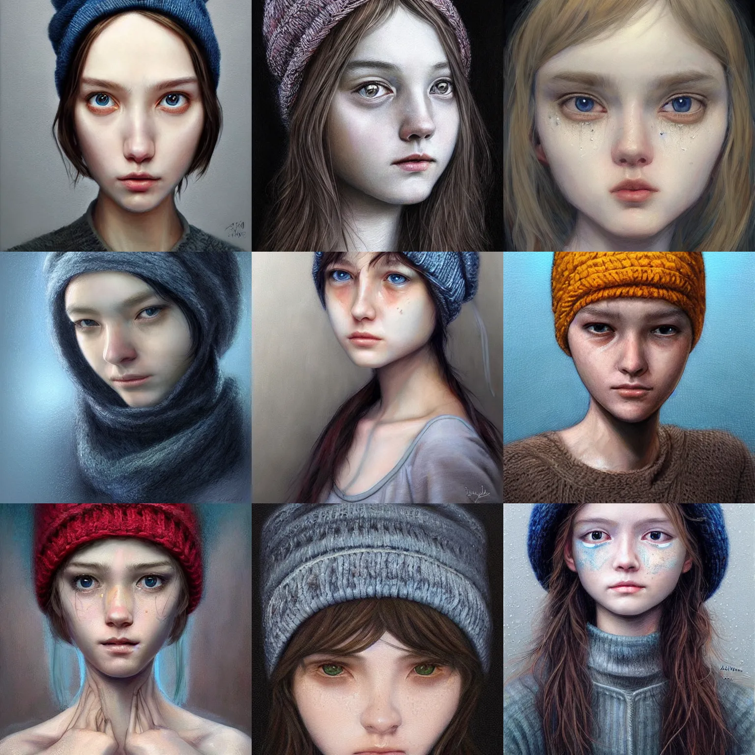 Prompt: portrait of a crying ai artist, detailed clothing, beanie, concept art, artstation, detailed luminescent digital painting by alan lee and artgerm johanna martine margaret keane!!!!!!!!!!, exquisite masterpiece