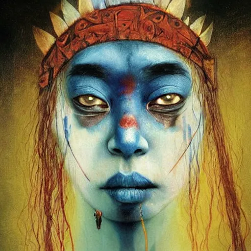 Image similar to A young blindfolded shaman woman with a decorated headband from which blood flows, blue hair and wood on her head. The background is a forest on fire, made by Esao Andrews and Karol Bak and Zdzislaw Beksinski