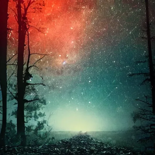 Prompt: a dark forrest with a path, sky full of stars and milkyway is viewable, mystical, art, burning, and an scary black monster